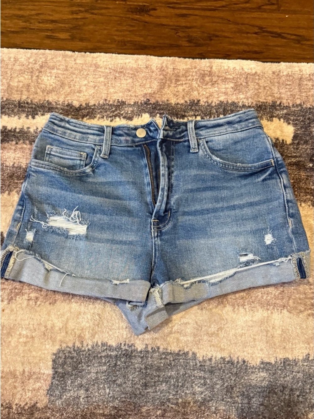 Altar'd State Distressed Light Blue Denim Roll-Hem Shorts